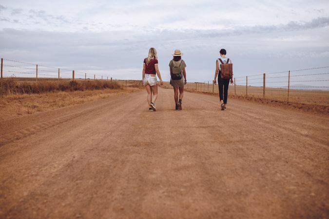 Rear view of three young women walking down the country road