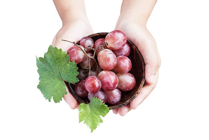 asian woman holding wooden bowl, bunch grape and leaves isolated on plain background