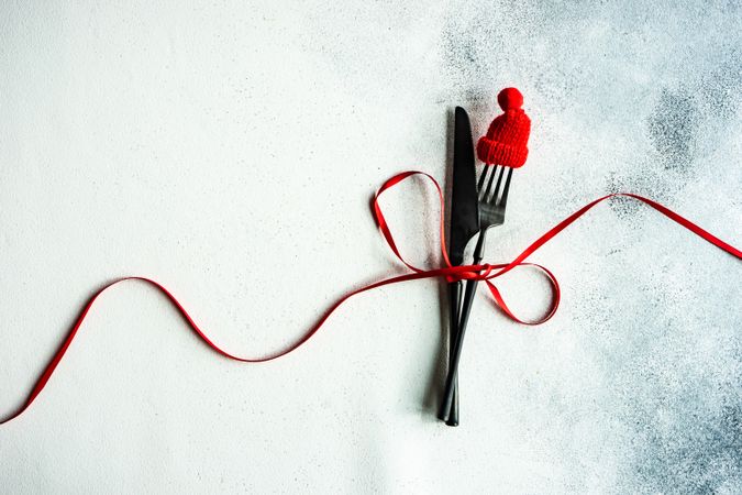 Christmas cutlery set with ribbon and copy space