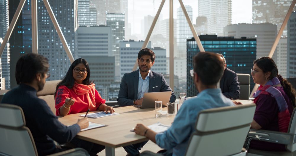 Diverse Team of Indian Managers Talk, Brainstorm, Use Laptop Computer and Printed Documents.