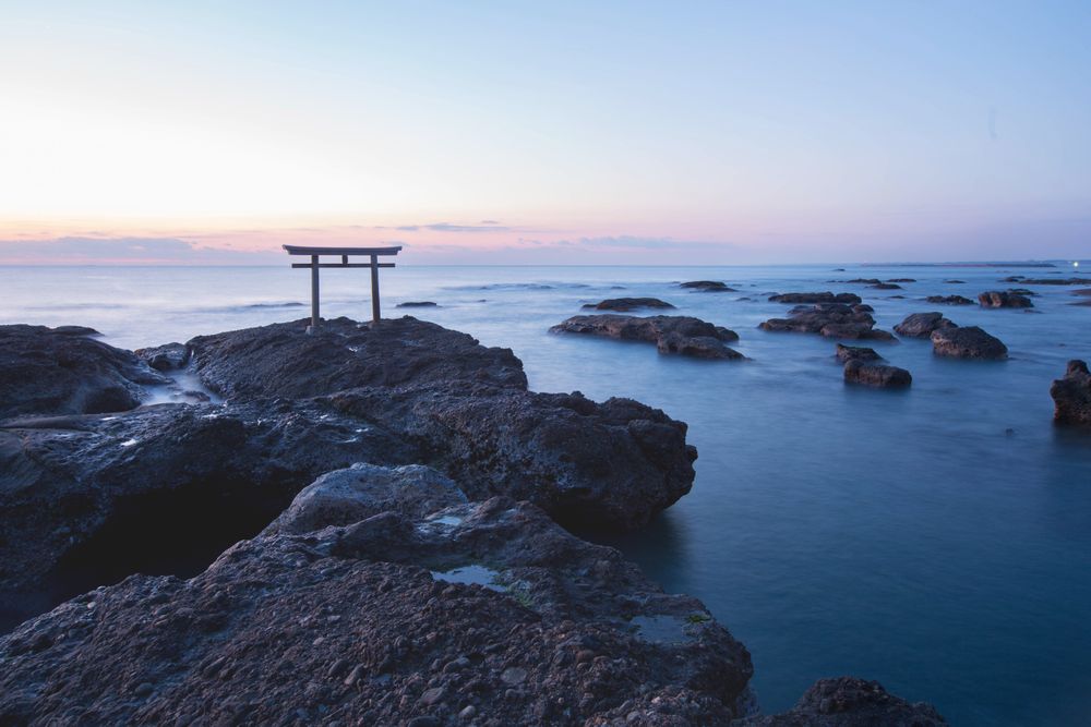 Japanese shrine gate and sea at Oarai city , Ibaraki