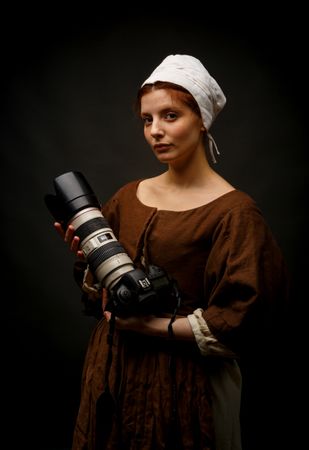 Medieval woman with photo camera