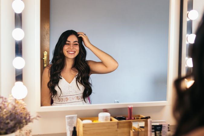 Happy bride after having her make up and hair done