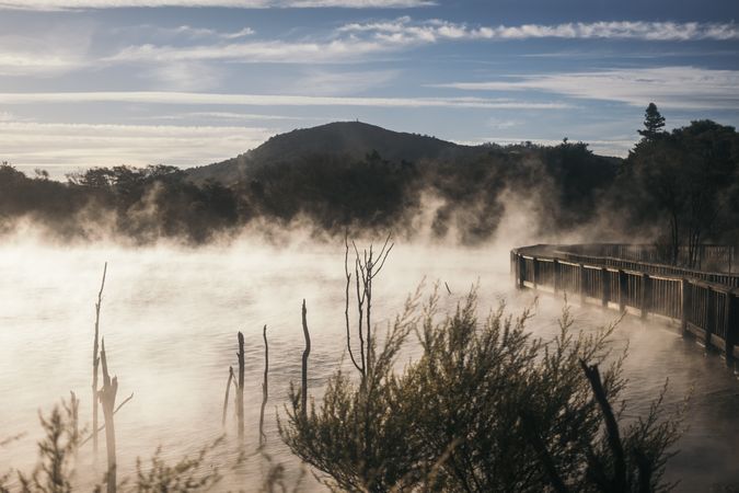 Beautiful lake with morning fog at New Zealand