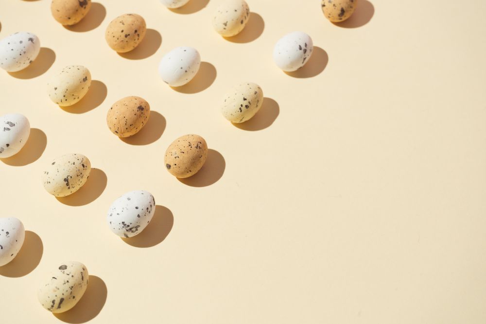 Speckled eggs  in rows on pastel yellow background