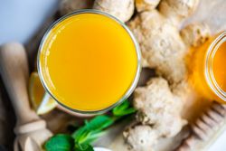 Top view of ginger turmeric shot