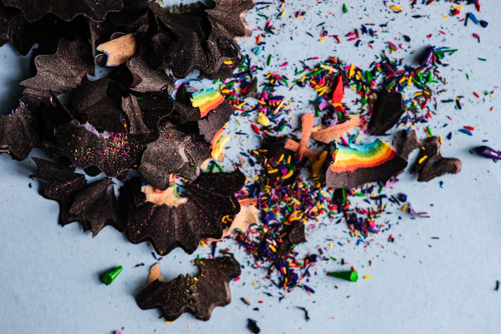 Shavings of freshly sharpened colorful pencils