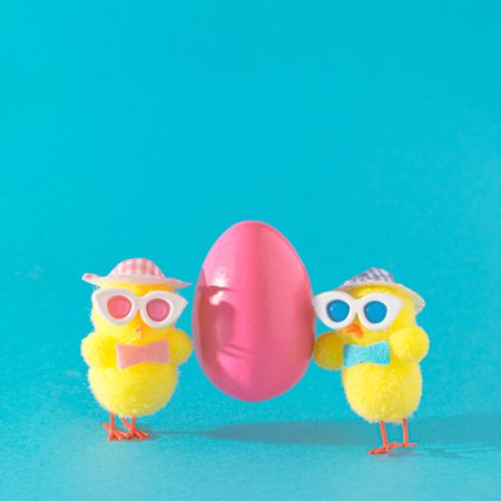 Two cute easter chicks next to pink egg