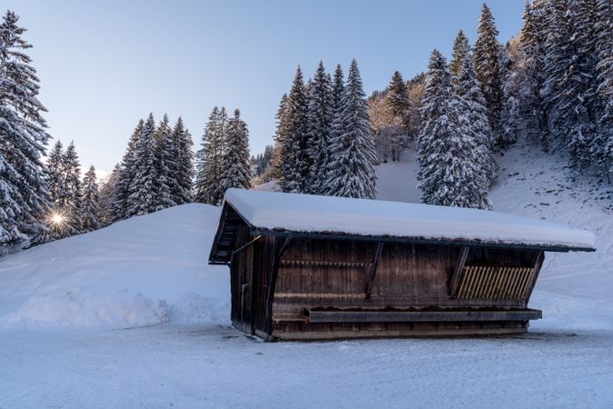 Mountain barn snow-covered high on the mountains in the Bavarian Alps, Germany