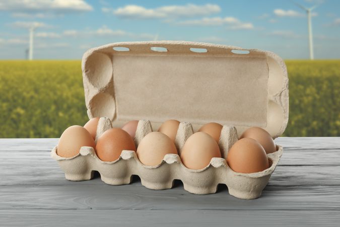 Few raw chicken eggs in carton box on wooden table against pastoral background