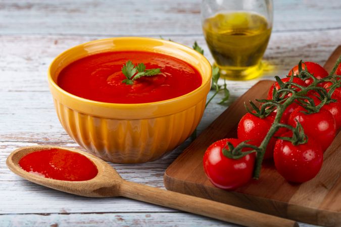 Delicious homemade tomato soup in bowl.