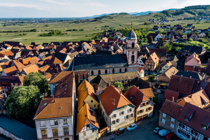 Alsatian village St-Hippolyte. Top aerial view at sunset.