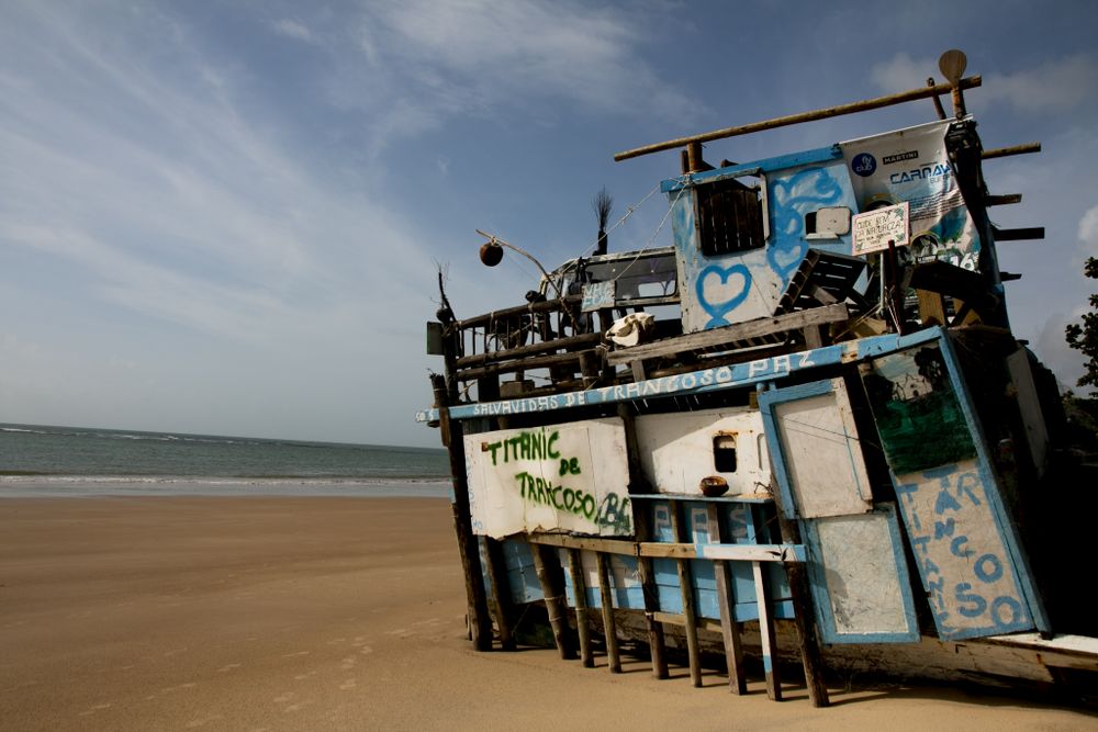 Blue wooden lifeguard house on beach