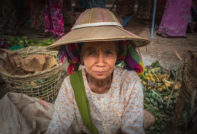 Bagan, Myanmar - June, 25 2012: Older woman with painted face