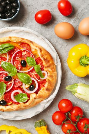 Concept of tasty food, Vegetable galette, top view
