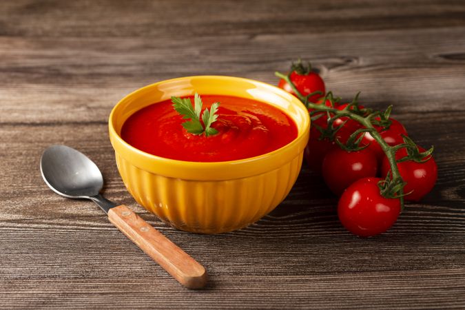 Delicious homemade tomato soup in bowl.