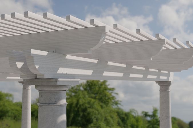Detail Abstract of A Beautiful Marble and Wood Pergola Patio Cover.