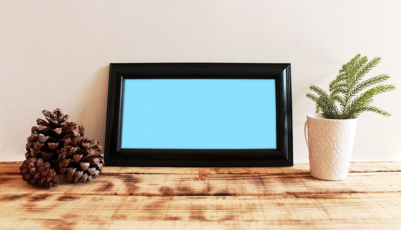 Rectangular long picture frame with blue interior mockup with pinecones and plant