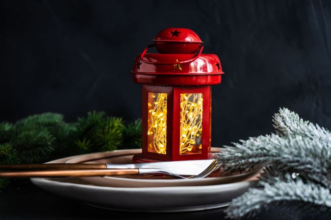 Side view of Christmas table setting with lantern and fern