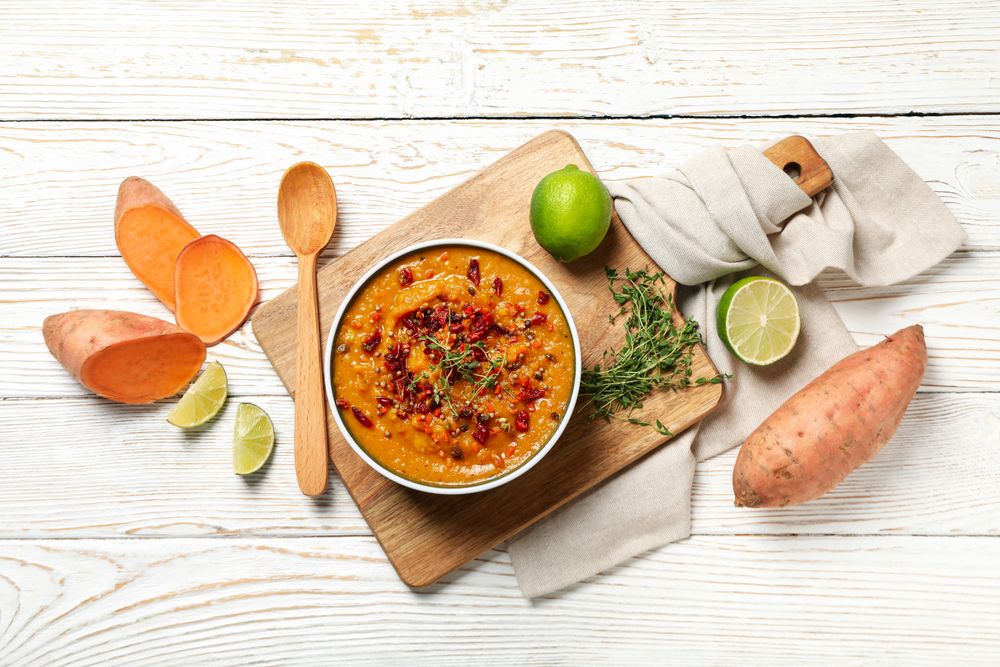 Concept of tasty food, sweet potato puree, top view