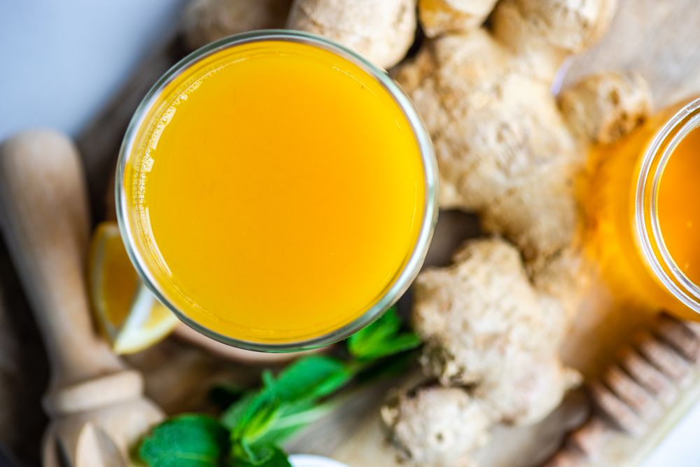 Top view of ginger turmeric shot