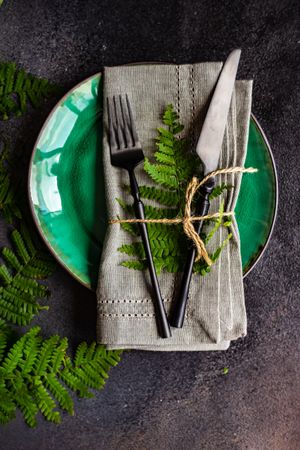 Summer rural table setting with fern on green plate