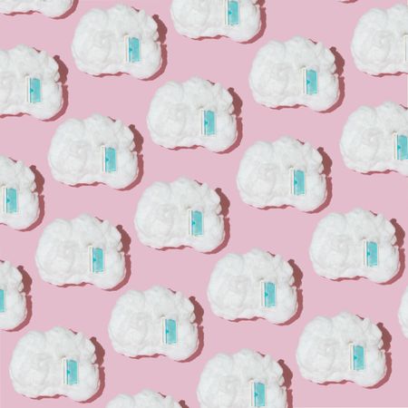 Pattern of cotton clouds with blue door