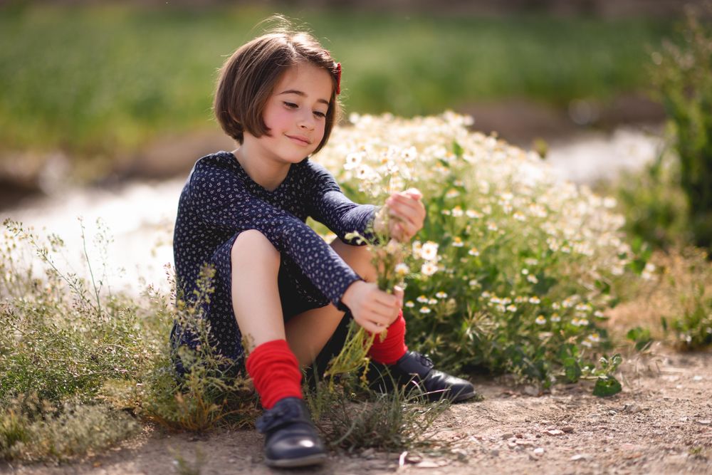Child picking flowers in a beautiful park