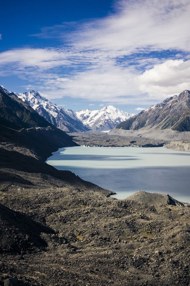 Landscape of pond and mountains