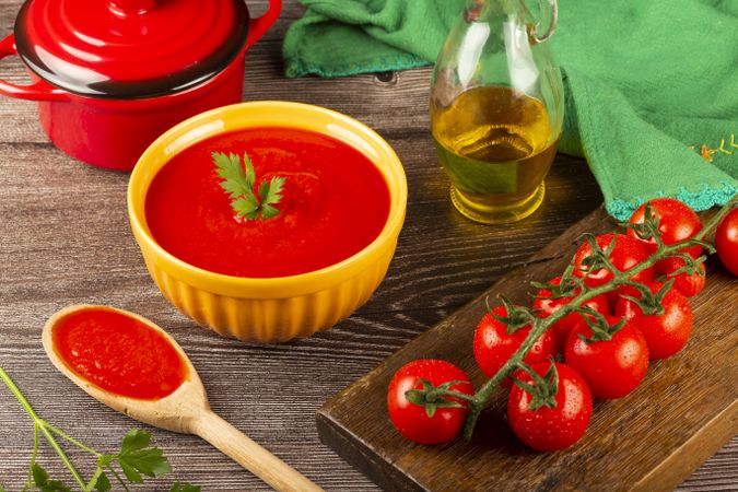 Delicious homemade tomato soup in bowl.