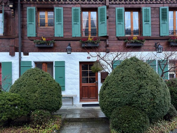 Traditional Swiss chalet in snowy Rougemont, VD with green window shutters