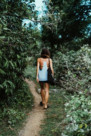 Back of woman walking into forest