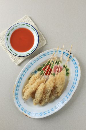 Cilor Aci Telor,  Deep Fried Tapioca Balls Skewer Wrapped with Crispy Eggs Batter