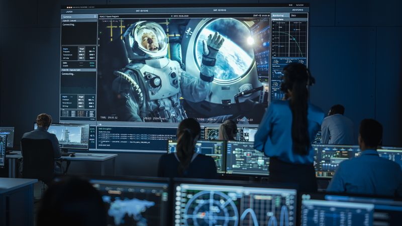Mission Control Monitors Dog Astronaut in Space. Team Analyzes Data on Screens Showing Spacecraft Vitals.