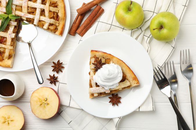 Composition with apple pie on wooden background. Tasty lunch. Homemade breakfast