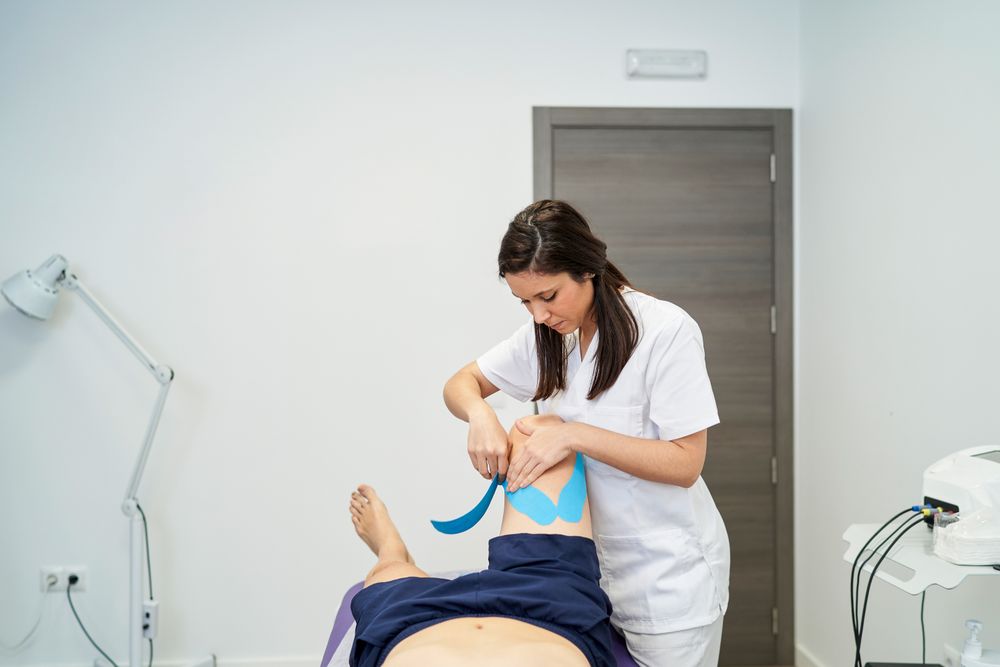 physiotherapist treating the patient's knee with neuromuscular t