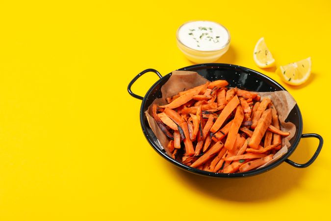 Concept of tasty food, fried sweet potato, space for text