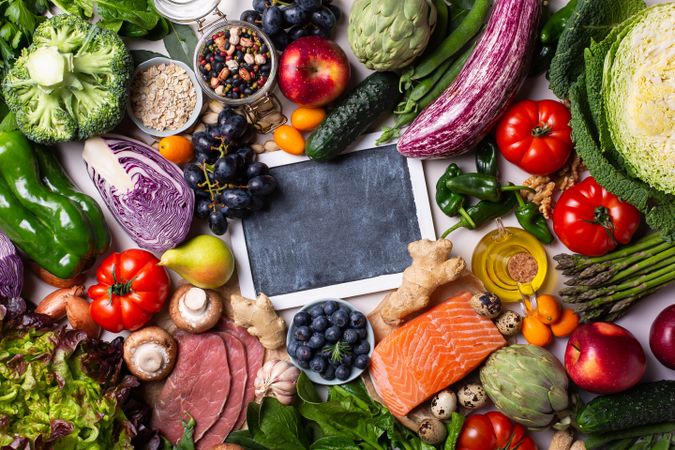 Assortment of healthy food ingredients for cooking, flat lay, view from above