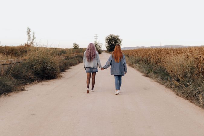 Strolling women holding hands in country