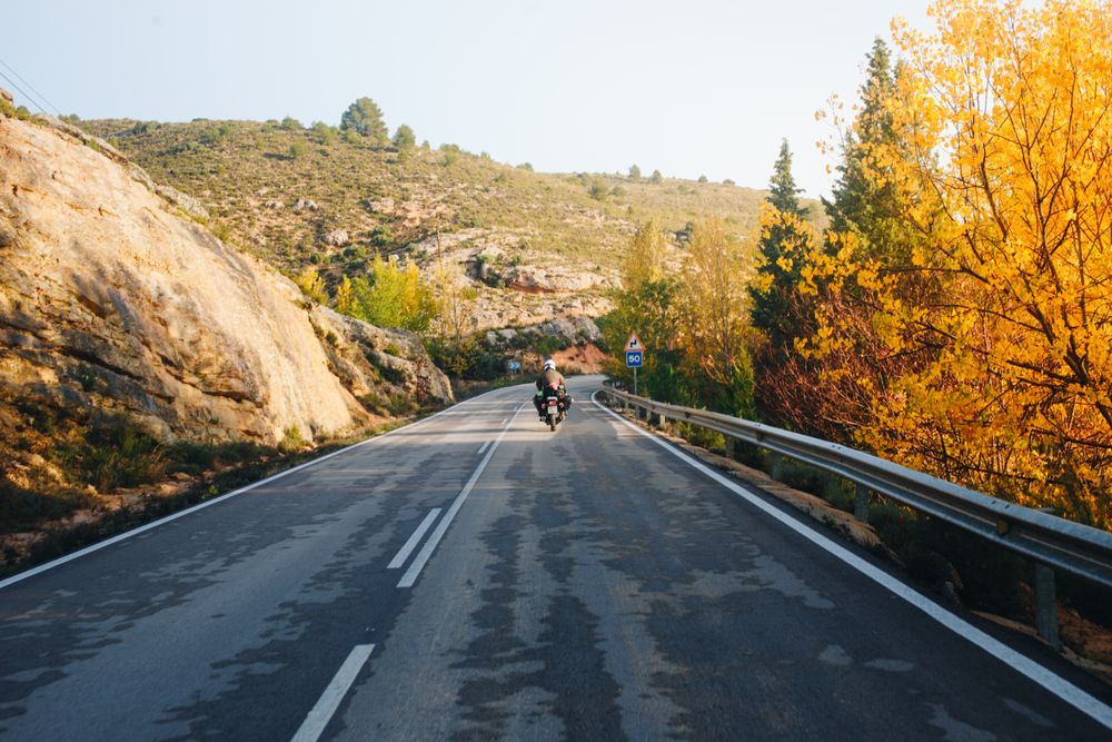 Motocyclist on road with autumnal trees