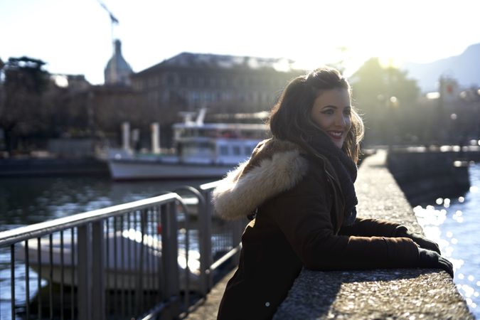 cheerful woman in harbor