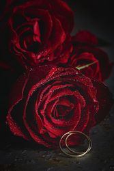 Red roses with dark background with wedding ring