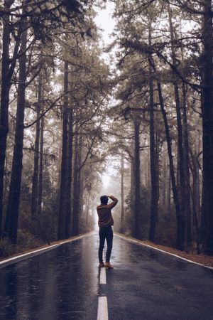 Traveler walking on empty road in woods