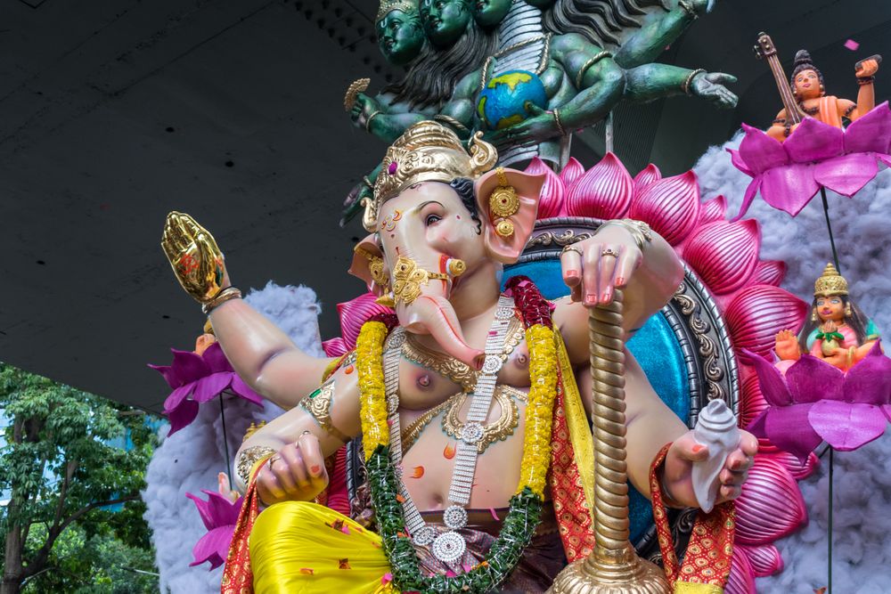 A beautiful idol of Lord Ganpati being displayed in a procession called Aagman Sohala in Mumbai, India for the festival of Ganesh Chaturthi