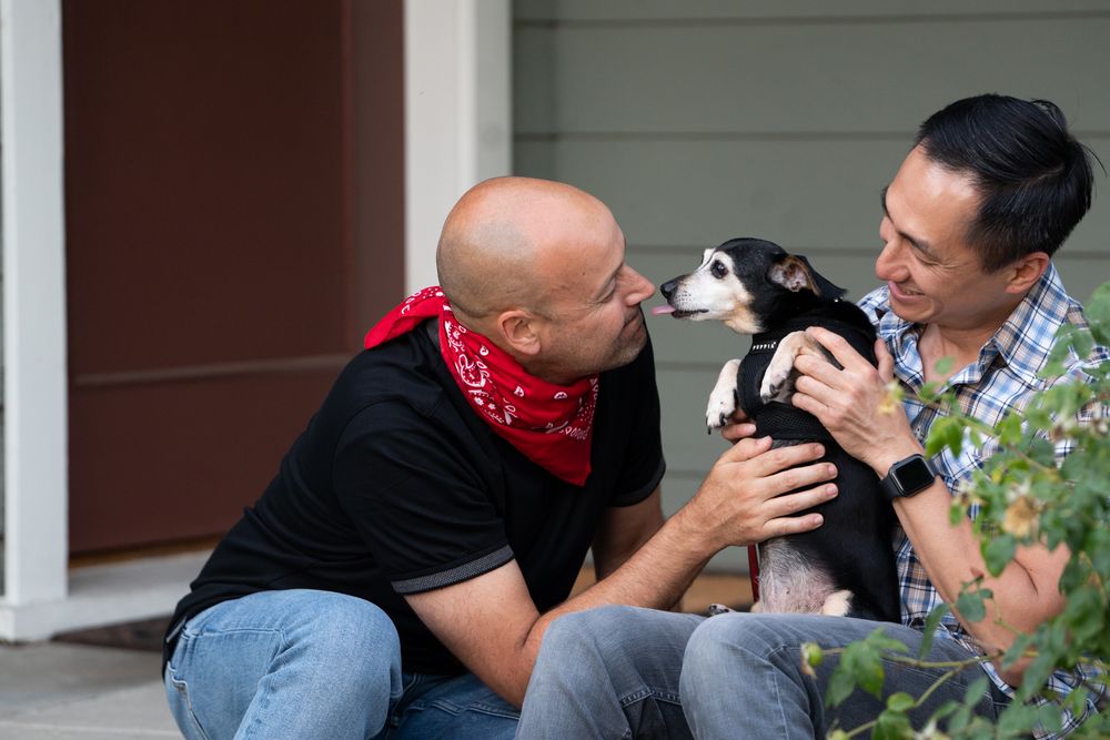 Dog sticking his tongue out attempting to kiss his owner sitting on their front porch