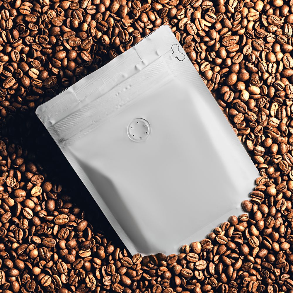 packaging on top of a pile of coffee