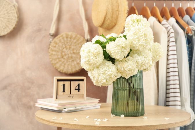 Composition with hydrangea flowers. Spring vibes. Female concept