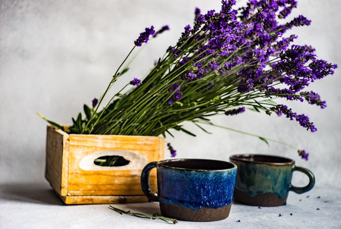 Summer background with lavender flowers in box with mugs