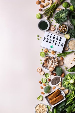 Healthy vegan, plant based protein source and body building food, with copy space and vegan sign