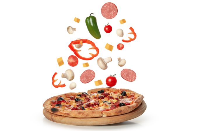 Tasty pizza and ingredients isolated on blank background